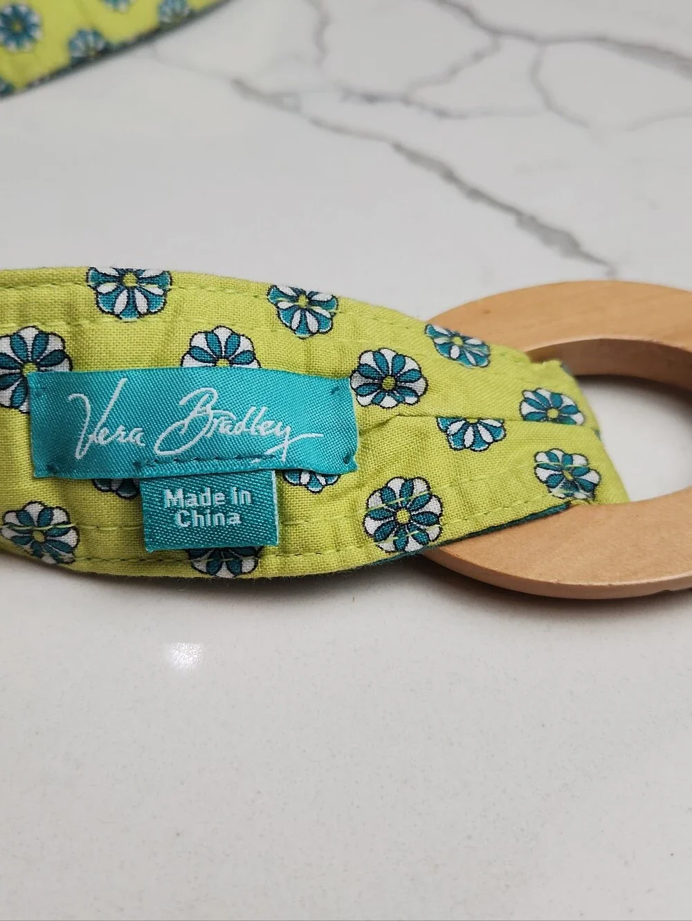 Vera Bradley Reversible Peacock Pattern Fabric Belt with Wooden Buckle